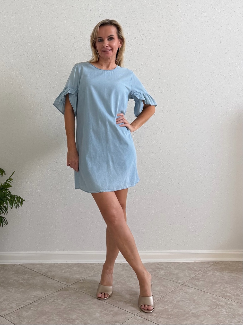 BCBGeneration Chambray Ruffle Sleeve Shift Mini Dress Blue Size M